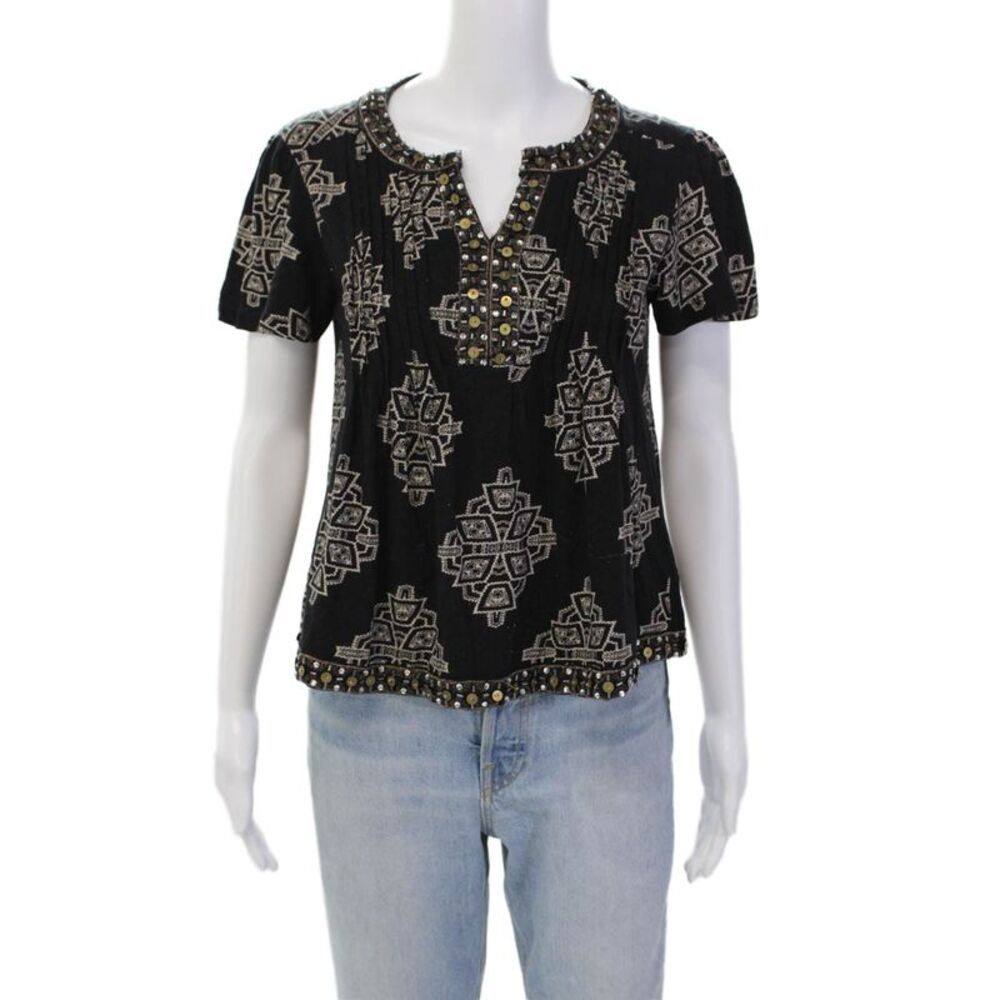 Akemi Kin Womens Printed Jeweled Blouse Black Beige Cotton Size Extra Small